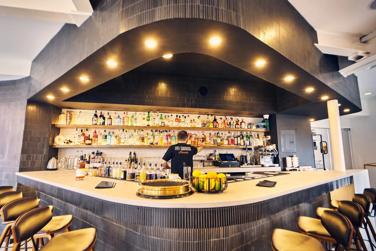 The polished bar inside Five Corners Ristorante in Newark's Ironbound