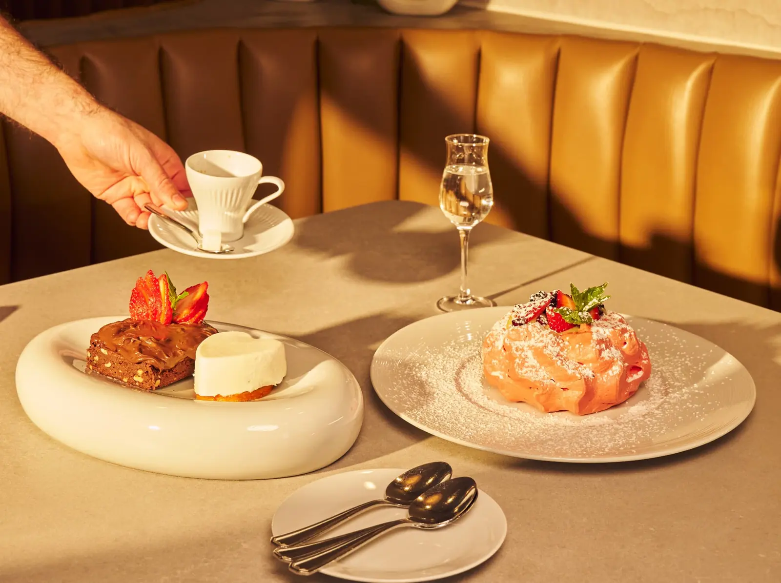 Desserts and espresso served in a booth at Five Corners Ristorante
