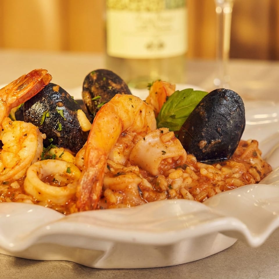 Seafood risotto topped with shrimp, mussels, calamari, herbs, and tomato sauce on a white scalloped plate.