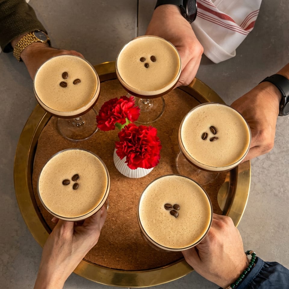 Five hands hold espresso martinis topped with coffee beans around a tray decorated with red flowers.