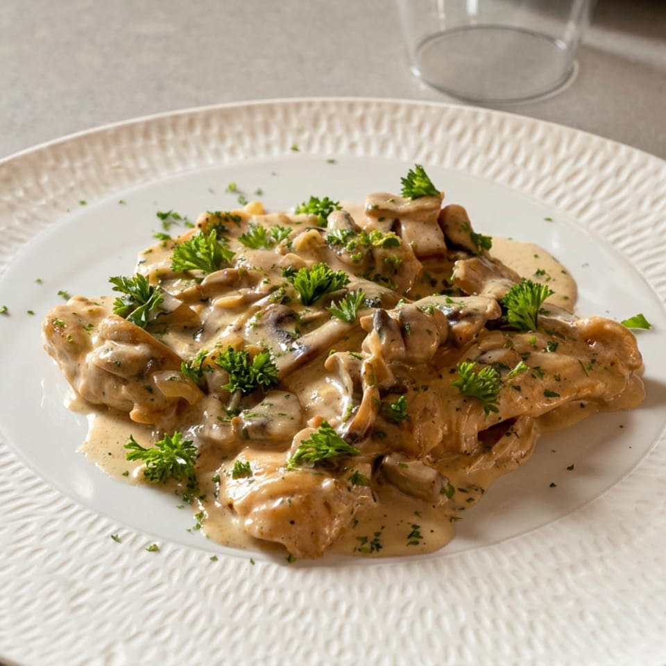 Creamy mushroom chicken topped with fresh parsley, served on a textured white plate.