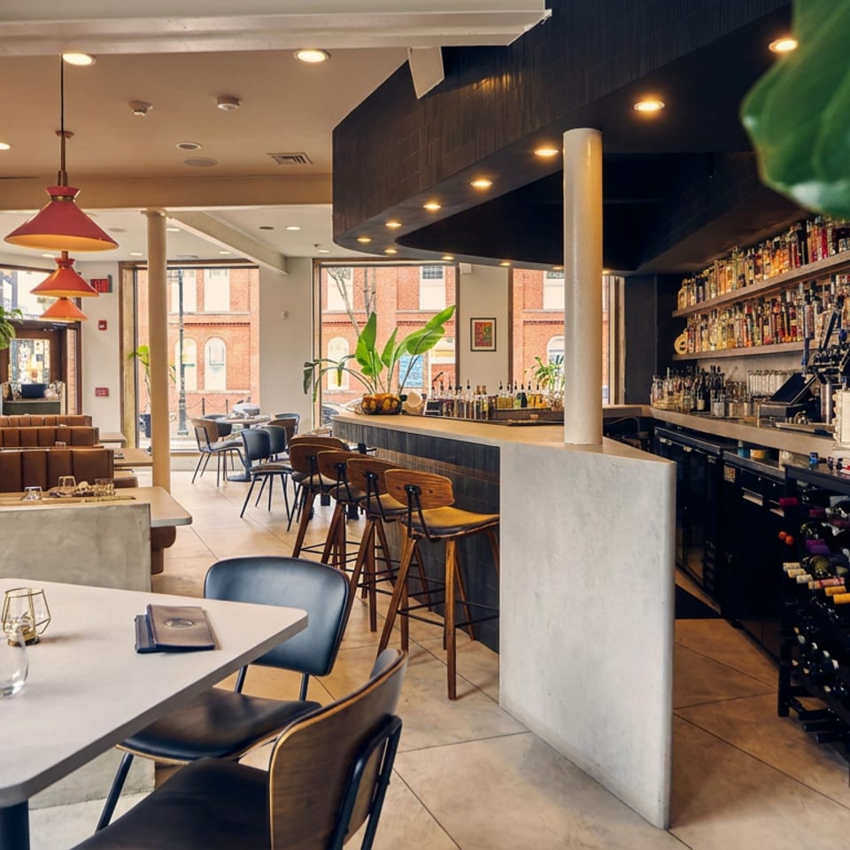 Modern restaurant interior with set dining tables, curved banquette seating, a well-stocked bar, and large leafy plants.