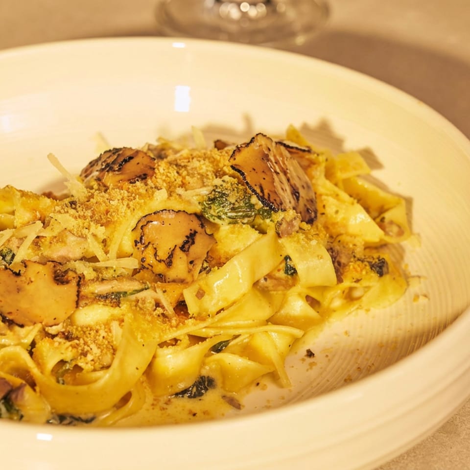 Creamy tagliatelle pasta topped with grilled vegetables, herbs, grated cheese, and breadcrumbs in a wide white bowl.