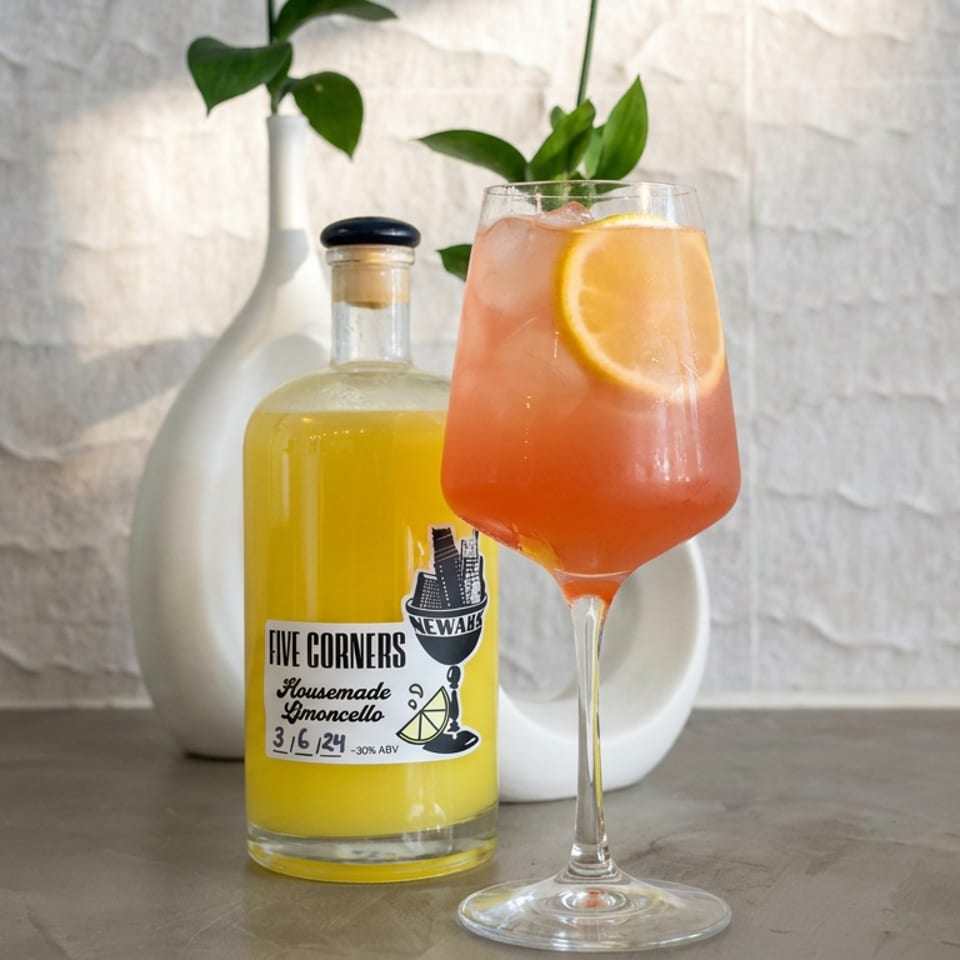 Pink citrus cocktail with ice and orange slice beside a bottle of Five Corners homemade limoncello.