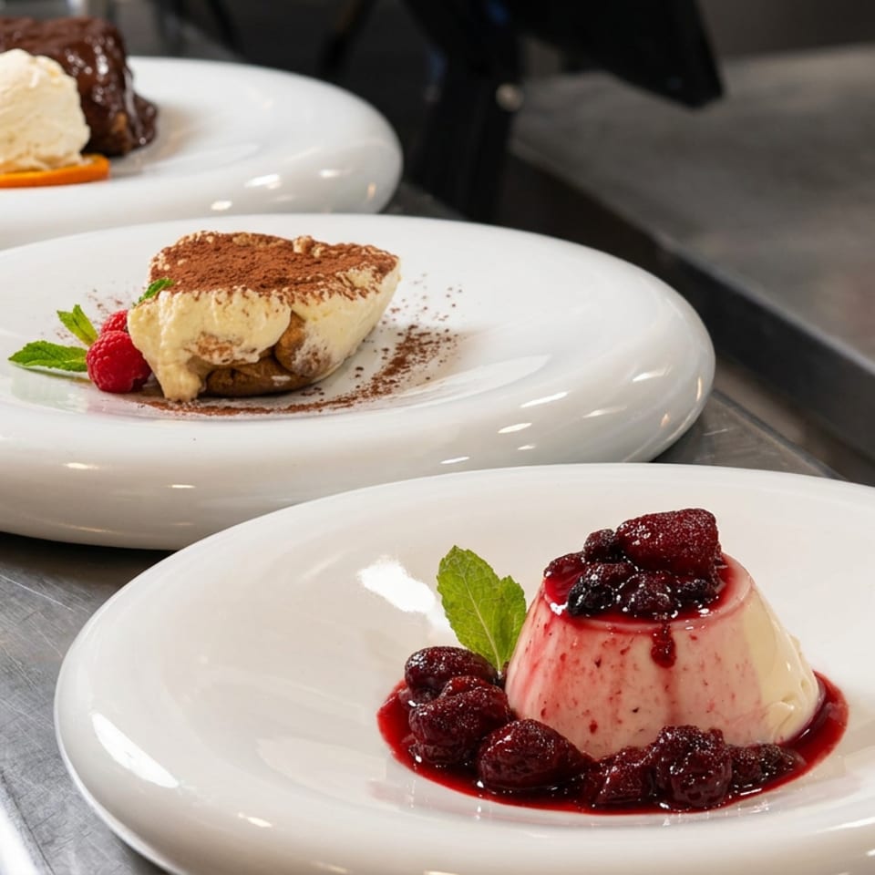 Three plated desserts in a restaurant kitchen: berry-topped panna cotta, tiramisu, and chocolate cake with ice cream.