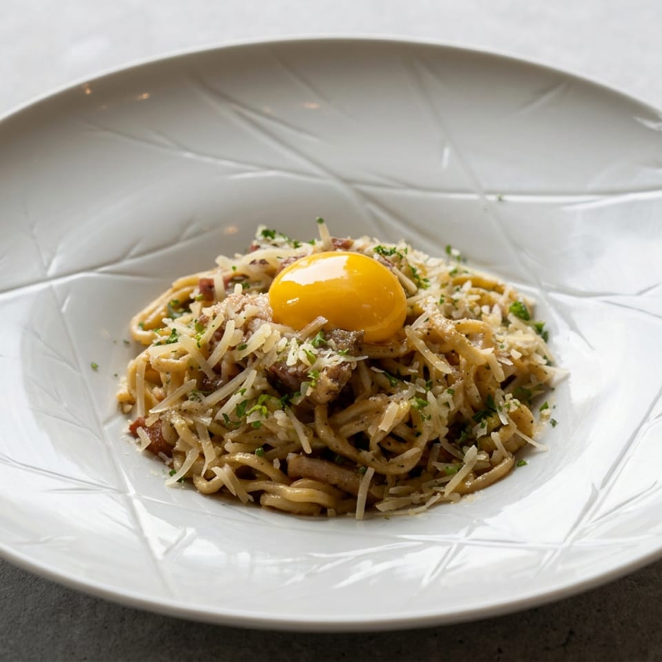 Plate of creamy spaghetti topped with grated cheese, herbs, and a golden egg yolk.