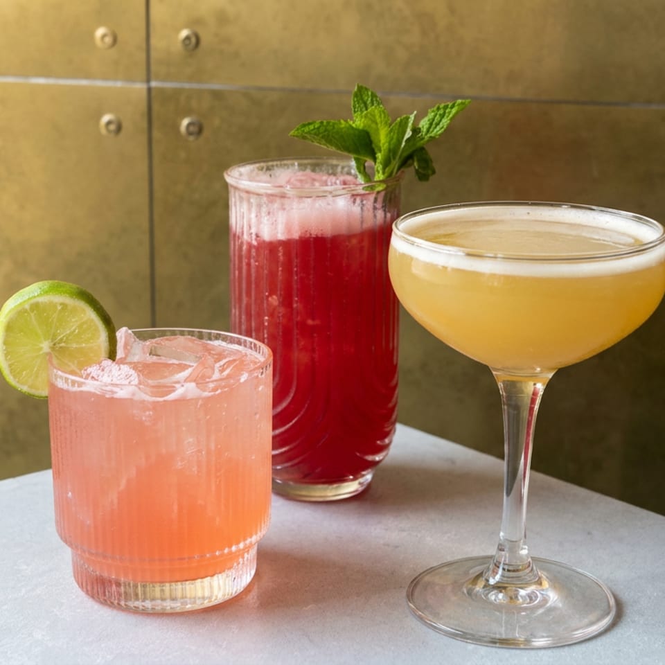 Three colorful cocktails sit on a restaurant table, including pink and red drinks with lime and mint garnishes and a yellow coupe.