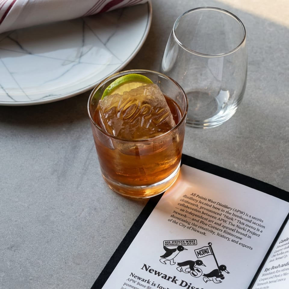 Amber cocktail with a large ice cube and lime sits beside an open menu, empty glass, and folded napkin on a restaurant table.