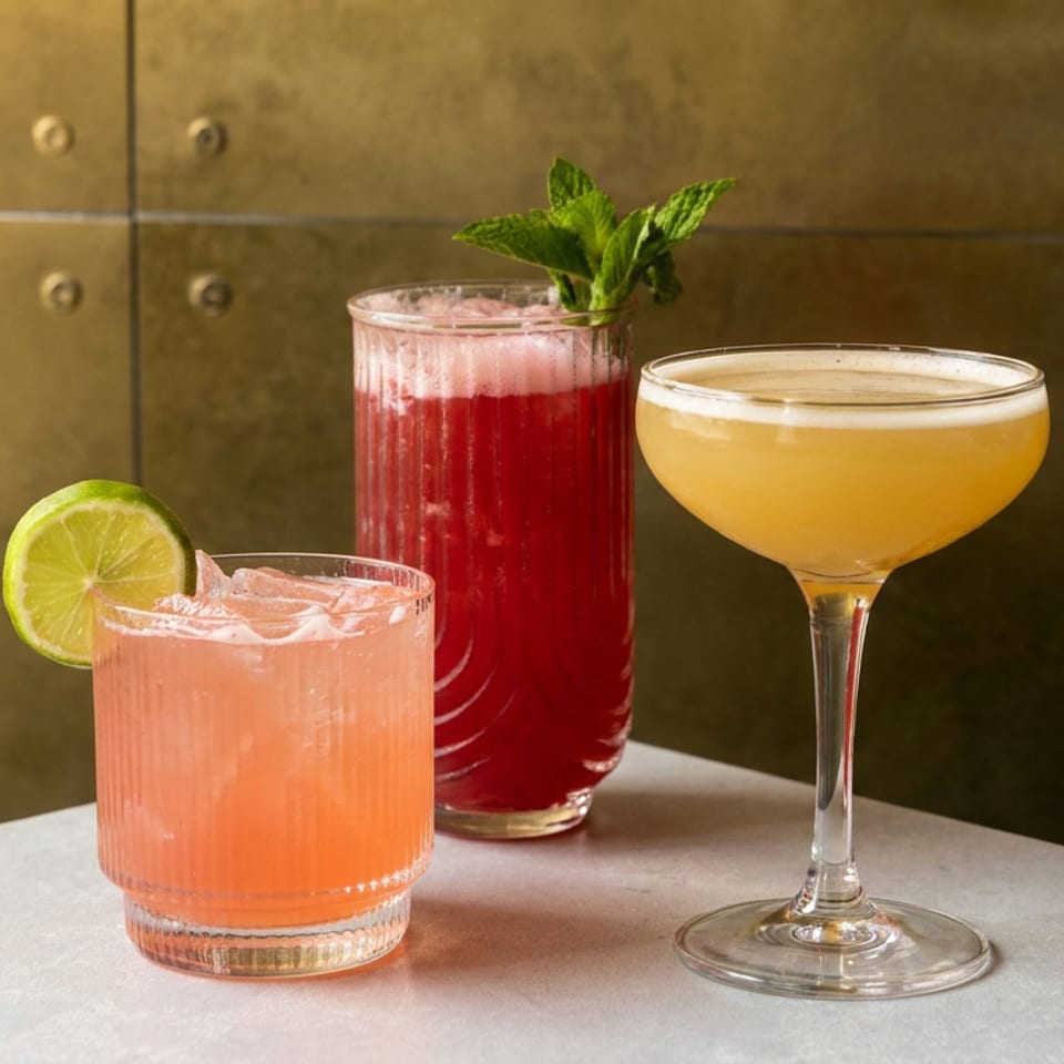 Three colorful cocktails sit on a table: pink with lime, red with mint, and yellow in a coupe glass.