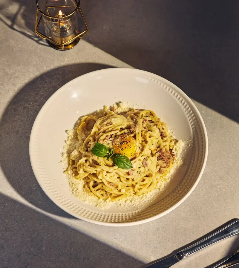 Spaghetti carbonara with egg yolk and pecorino at Five Corners Ristorante